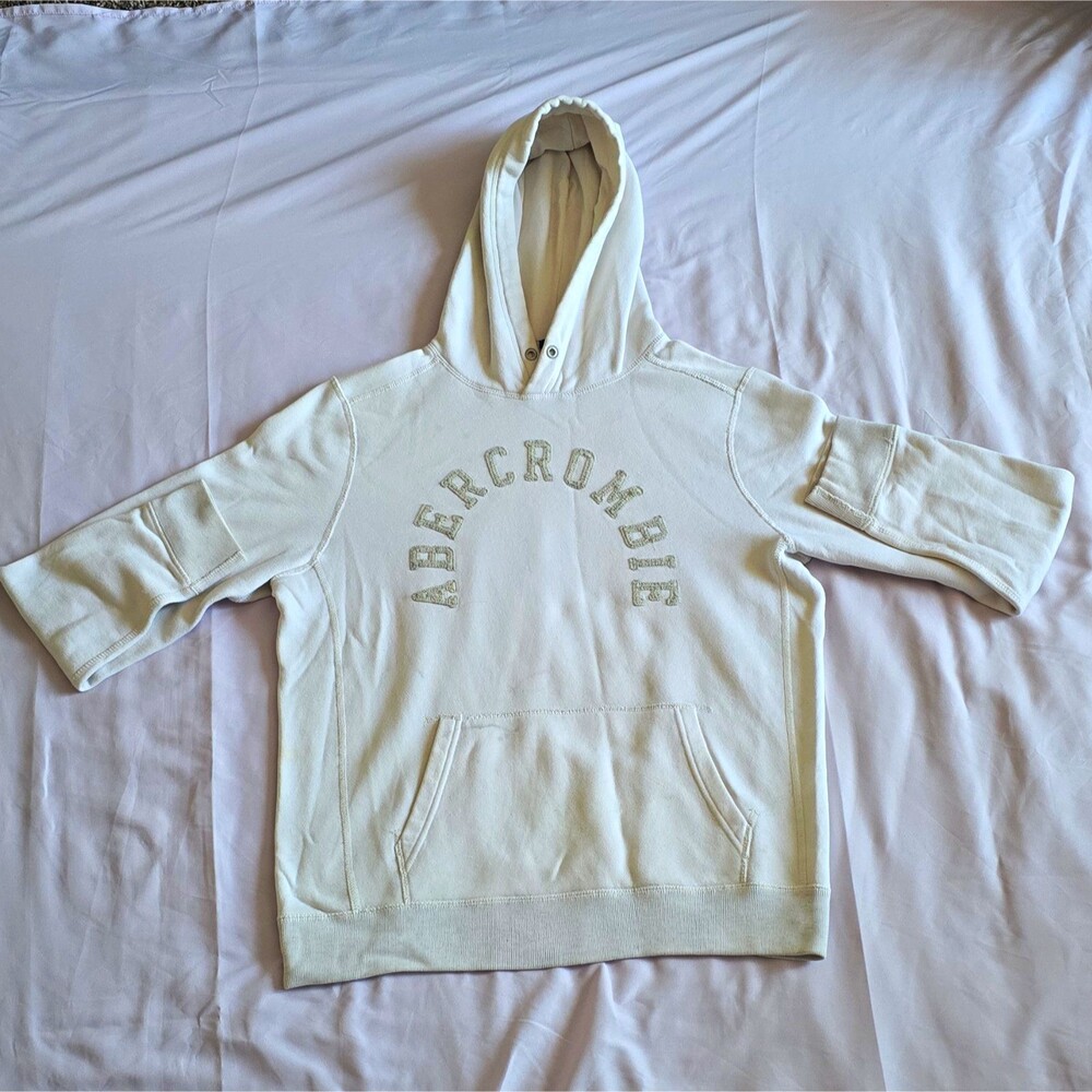 Abercrombie & Fitch Muscle White Logo Pullover Fleece Hoodie Pockets L
